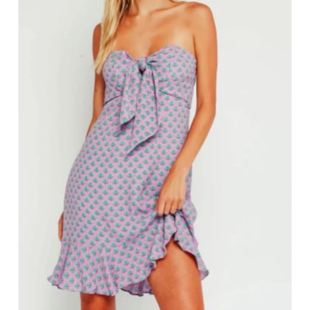 Katwalk Cacti Strapless bust tie Ruffled hem Purple Mermaid Mini Dress
